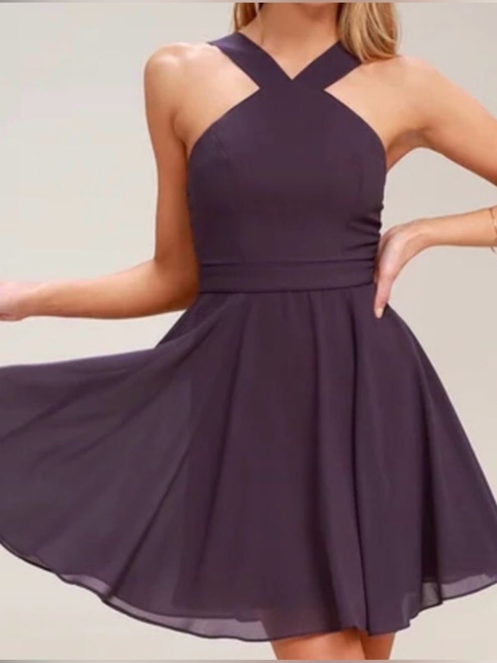 Lulu's Cross-Strap A-Line Mini Dress in Plum